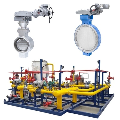 Druk- en stroomregelaar Skid Samson LTR 43 vlinderkleppen en Auma elektrische actuatoren en tandkasten