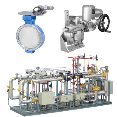 Druk- en stroomregelaar Skid Samson LTR 43 vlinderkleppen en Auma elektrische actuatoren en tandkasten
