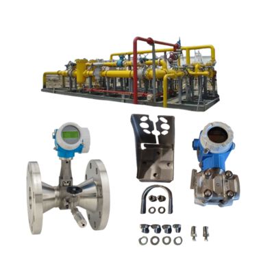 Drukverlagings- en temperatuurstation uitgerust met een Endress+Hauser Deltabar Proline Prowirl R200 vortexstroommeter en een PMD75B-drukzender.