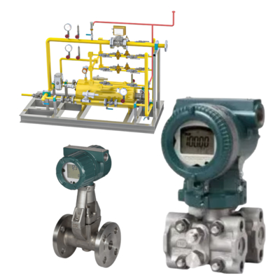 Druk/debietregelsysteem uitgerust met een Yokogawa VY-serie werveldebietmeter en een EJX-serie 910A multivariabele transmitter