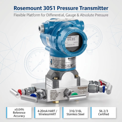 3051 Smart Pressure Transmitter met 316L roestvrij staal 4-20 mA DC / HART en ± 0,04% Span Accuracy
