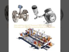 Valve-omschakelskid met Rosemount 8800 Series Vortex Flowmeter en 5400 Non-Contacting Radar Niveautransmitter